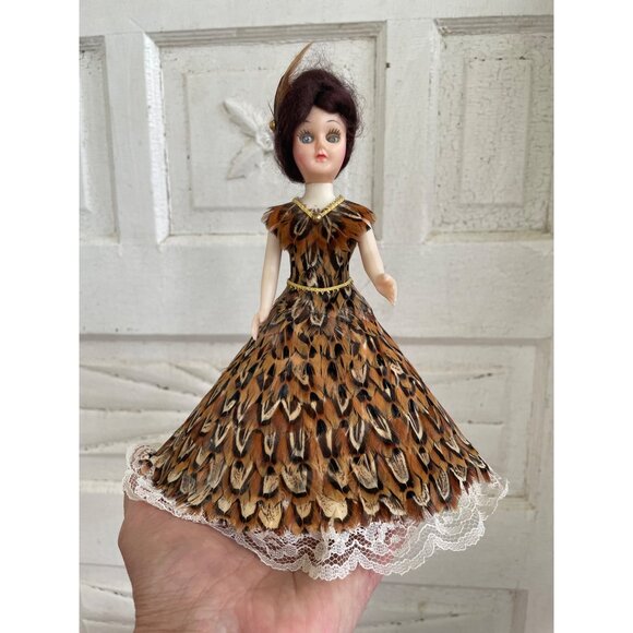 Vintage 1950s Celluloid Doll With Pheasant Feather Dress & Lace Trim - Picture 2 of 12